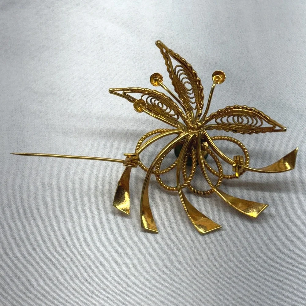 Unbranded Filigree Brooch Women OS Gold Excellent Jade Floral Mid Century Retro